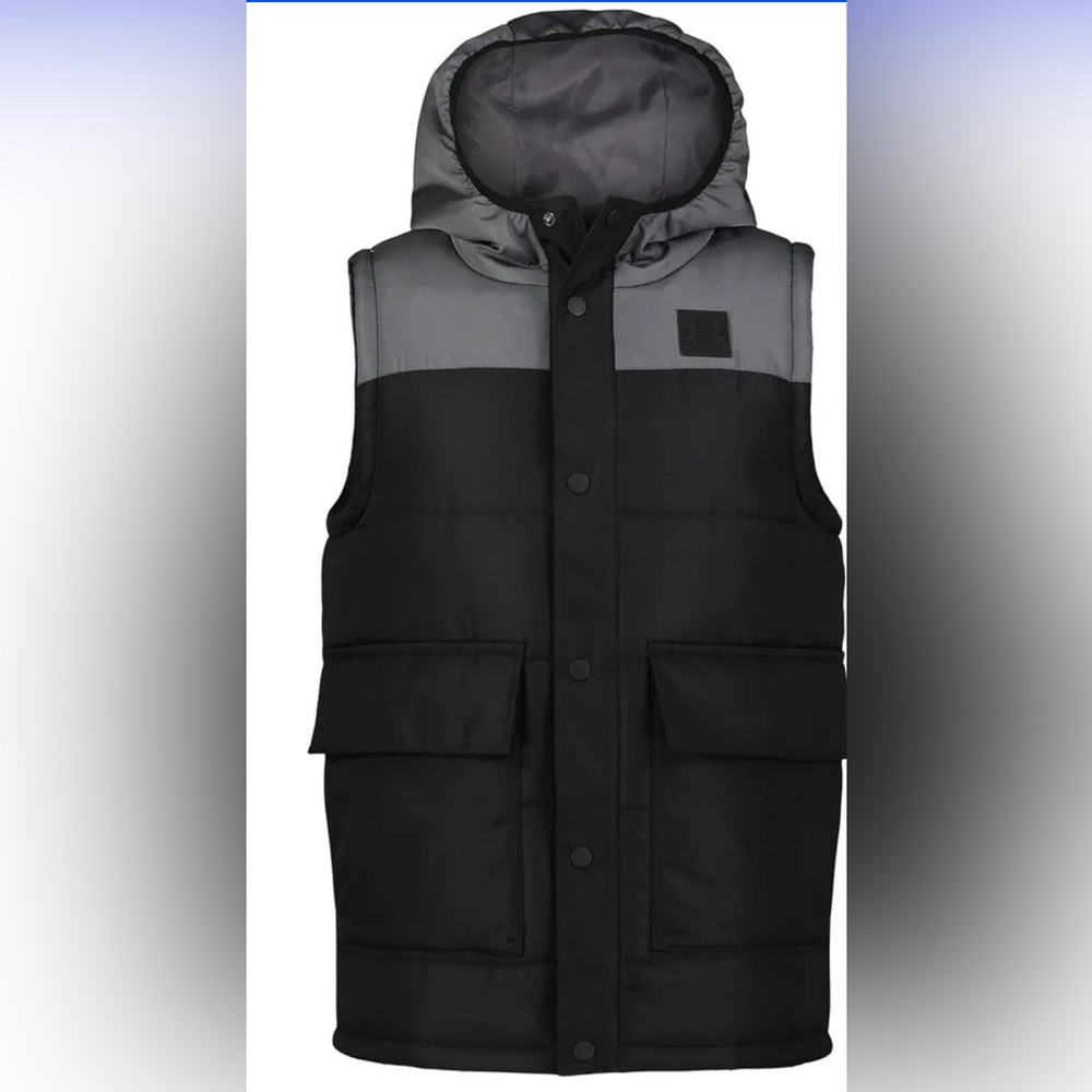 Kids Puffer Vest with Hood - Black/Grey